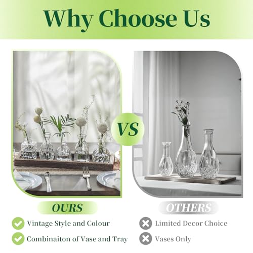 Hewory Hewory Kleine Vasen für Tischdeko Esstisch: 5er Mini Vasen Set mit Holztablett für Deko Wohnzimmer - Vintage Kleine Glasvasen Blumenvase Glas für Room Decor Home Zuhause Geburtstag Party - Verwendungsansicht 7 | Tischdekoration