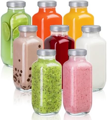 Juice Bottles with Lids, 16 Oz - Set of 8 - Clear Glass Jars with...