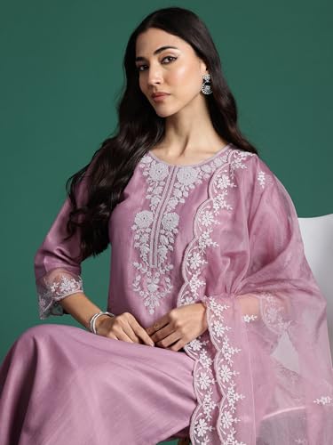 Image of INDO ERA Women's Silk Blend Embroidered Straight Kurta & Pant with Dupatta Set (KH9MU7820)