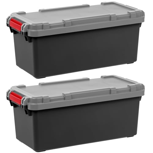 Image of IRIS USA 2 Pack TrailBox, 15 Gallon Lockable Storage Trunk Box, Truck Bed Bin Heavy-Duty Containers Camping Gear, Adventure Chest - Dark Gray /Gray