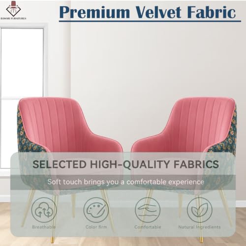 Image of Set of 2 Accent Chair for Living Room | Modern Armchair in Soft Velvet Fabric with Sturdy Legs | Premium Chair for Home Living Room Bedroom Restaurent | (Gold Legs, Pink Floral)