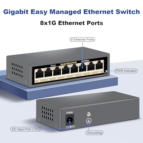Image of 8-Port Full Gigabit Easy Web Managed Ethernet Switch, Web or App Managed, VLAN /QoS /IGMP /LAG /TELNET /CLI Supported, Home Office Network Hub, Desktop or Wall Mount Fanless Metal Casing