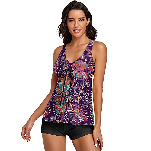 Image of Modest Tankini Swimsuits for Women Two Piece Bathing Suits Floral Print Tank Top with Boyshorts Tummy Control Swimming Suits