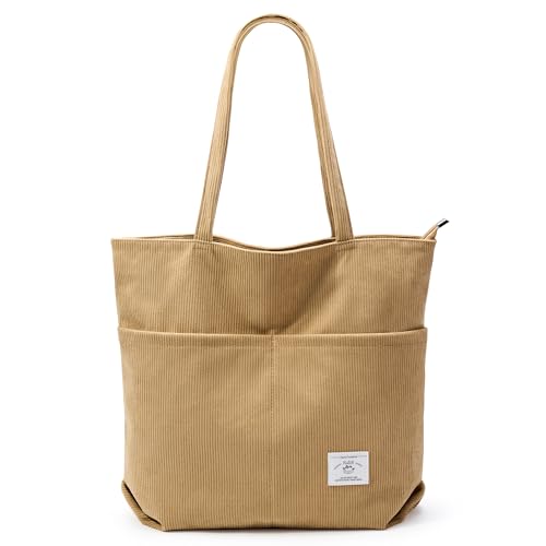Image of KALIDI Women Corduroy Tote Bag Zipper Casual Tote's Handbag Big Capacity Shoulder Bag with Pockets