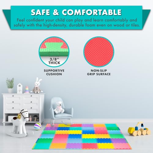 Image of ProSource Baby Play Mat, Soft Foam Floor Tiles for Kids, Interlocking EVA Panels for Playpen Use, Crawling Development Surface, Safe Non-Toxic Toddler Flooring, 72 Tiles, Multicolor