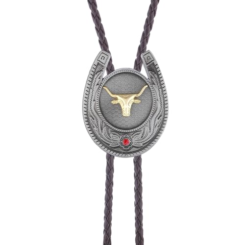 Image of Jeilwiy Bolo Tie for Men, Western Cowboy Golden Longhorn Bull Eagle Horse Cowboy Hat Bolo Necklace Leather Necktie for Women