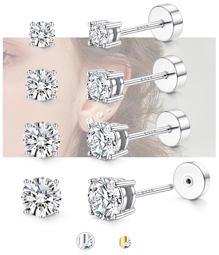 Hypoallergenic Flat Back Earrings for Women - 925 Sterling Silver Earrings for Sensitive Ears - Cartilage Earring Helix Conch Tragus Piercing Flatback Cubic Zirconia Earring Set Studs Men 2/3/4/5mm