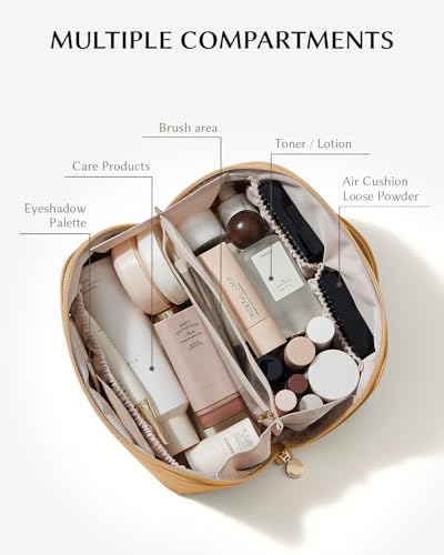 Image of EACHY Travel Makeup Bag, Large Capacity Cosmetic Bag for Women, Waterproof PU Leather, Flat Open Portable Toiletry Bag for Skincare, Brushes & Travel Essentials