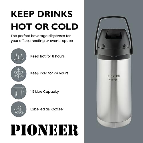 Pioneer 1.9L Stainless Steel Lever Airpot, Thermal Flask Drink Dispenser with Coffee Label, Silver, 1.9 L - Image 4
