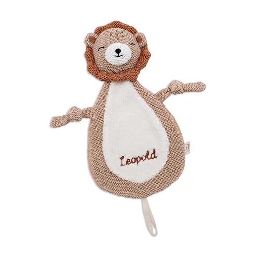 wunderwunsch JOLLEIN Schmusetuch optional personalisiert - Schnullertuch Baby Motiv Bär, Giraffe, Löwe oder Fuchs als Kuscheltuch für Babys (Löwe, mit Name)