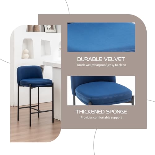 Butacos de altura para barra, juego de 4, diseño moderno con respaldo curvo, tapizados en terciopelo azul para isla de cocina, comedor, cafetería o pub miniatura 3