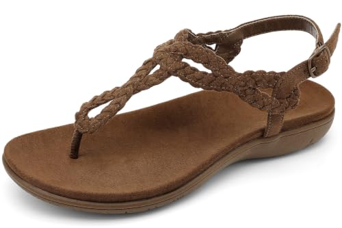 Image of UBFEN Womens Flat Sandals T-Strap Thong Sandals with Arch Support | Braided Upper, Lightweight, Comfortable for Walking, Flip Flop with Back Elastic Strap