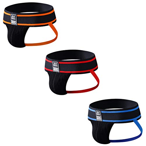 JOCKMAIL 3PCS/Pack Mens Briefs Jockstrap Soft Athletic Supporters Men Sport Underwear Jockstrap Athletic Jocks (X-Large, Orange+Blue+red)