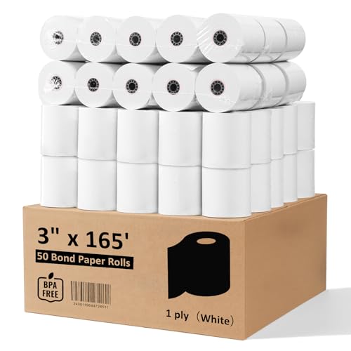 (50 Rolls) 3" x 165' 1 Ply Bond Non-Thermal Receipt Paper, BPA Free Kitchen Printer Paper for SRP275, Compatible with M205, RC540, Star SP700