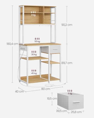 VASAGLE Estantería de Cocina con Multienchufe, Armario de Cocina, 40 x 80 x 180,4 cm, Estante de Microondas, Cajón de Tela, 12 Ganchos, Roble Dorado y Blanco Nube KKS015Y02 - imagen 3