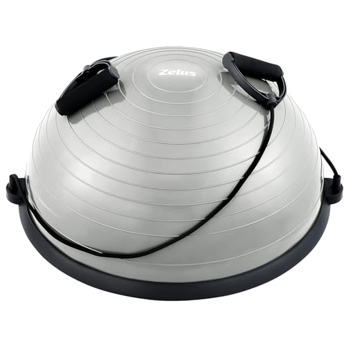 ZELUS Balance Ball Trainer Half Yoga Exercise Ball with Resistance Bands and Foot Pump for Yoga Fitness Home Gym Workout (Gray)