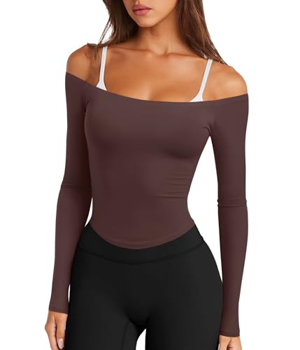 LASLULU Off Shoulder Workout Tops for Women Strapless Tube Athletic Yoga Shirts Basic Coffee Backless Casual Fall Winter Tops Activewear(Coffee Small)