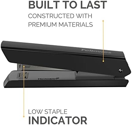 Fellowes Jam Free Stapler, 20 Sheet Capacity - LX820 Easy-Press Full Strip Antibacterial Manual Stapler- Uses Both 24/6mm and 26/6mm Staples - Black