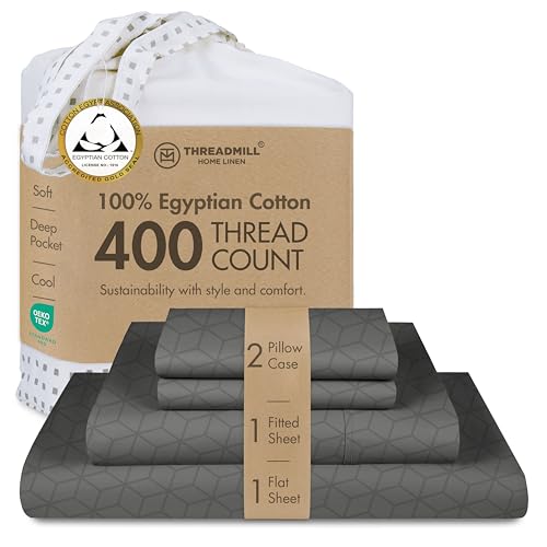 Threadmill Queen Bed Linen Set, 400 Thread Count Egyptian Cotton, Deep Pocket, Cooling Damask Jacquard, Dark Grey, 4 Piece Set