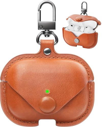 Image of Leather Case for AirPods Pro 3 (2025) | Premium Protective Cover with Snap Lock & Keychain | Shockproof Wireless Charging Compatible Case (Brown)