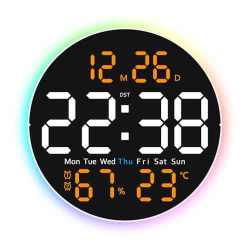 YAKINO デジタル時計 壁掛け 直径25.5cm 大文字表示 おしゃれ リモコン付き・明るさ調整可能 温湿度計・カレンダー・目覚まし・タイマー機能搭載 12/24時間切替 静音設計 ブラック リビング キッチン ベッドルーム オフィス ジム用 (オレン