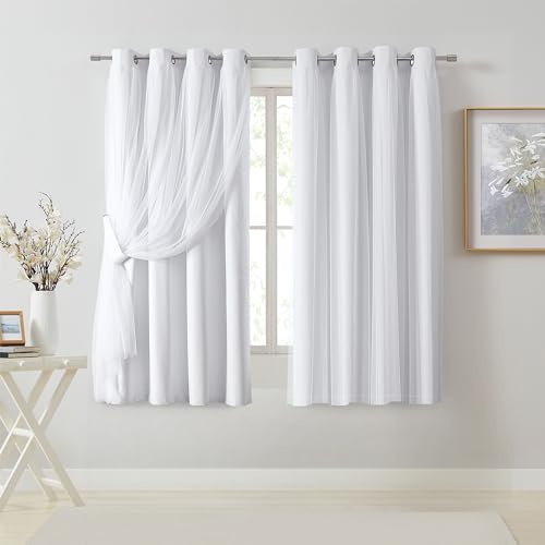 Image of Bujasso White Full Blackout Curtains with Sheer Overlay Double Layer 54x63L