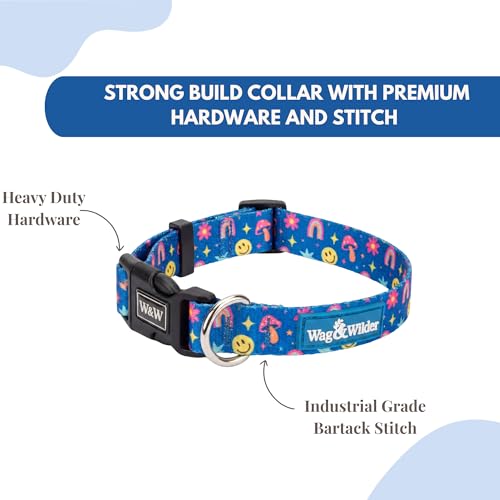 Image of Wag and Wilder Heavy Duty Adjustable Dog Collar for Small Dogs - Quick Release Buckle & Metal D-Ring (Groovy Trails Blue)