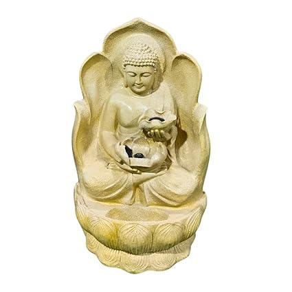 Shawshank Indoor/Outdoor Decor Double Bowl Patta Buddha Water Fountain for Indoor Outdoor Garden Home Decor Patio with LED Lights Water Pump(Yellow_Cream)-image-36