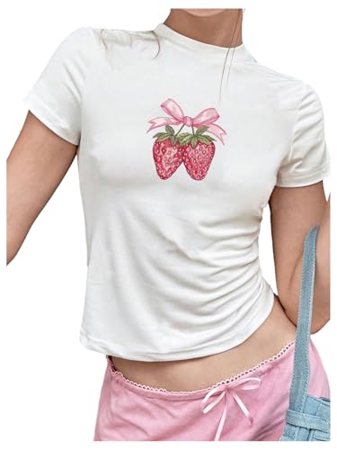 SweatyRocks Women's Cute Strawberry Graphic Crop Top Knit Slim Fit T Shirts