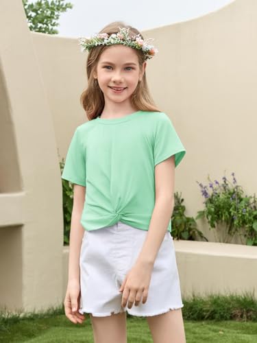 Image of Haloumoning Girls Short Sleeve T Shirts Kids Summer Twist Front Crop Tops Fashion Tees 5-14 Years