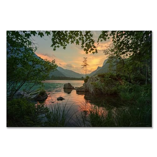 Tableau paysage montagne pour salon ambiance chaleureuse coucher de soleil forêt 40x60