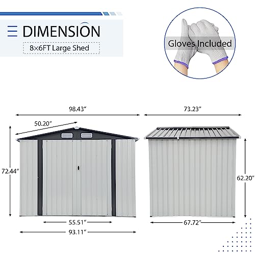 Verano Garden 8x6 FT Outdoor Storage Shed, Galvanized Steel Metal Garden Shed, Double Door W/Lock, Outdoor Storage Tool House for Backyard, Patio, Lawn