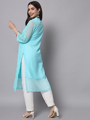 Image of Ekasya Women's Georgette Embroidered Work Kurta with Notch Neck 3 /4 Sleeves Straight Cut Calf Length | E1547