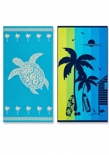 Image of Extra Large Egyptian Beach Towels For Adults | 100% Virgin Cotton | 90x170 cm | Soft Velour Front | Quick Dry Terry Towelling Rear | Weighs 630g each| Sand Free | Highly Absorbent | Fluffy | Pack of 2