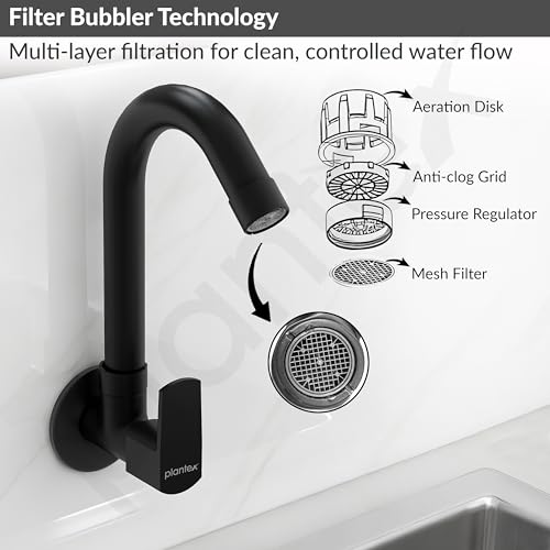 Image of Plantex Single Lever Kitchen Sink Tap with Water Saving Aerator and Brass Spindle Tap /Quarter Turn Sink tap for Kitchen Basin with Wall Flange and Teflon Tape (Saga-Black)