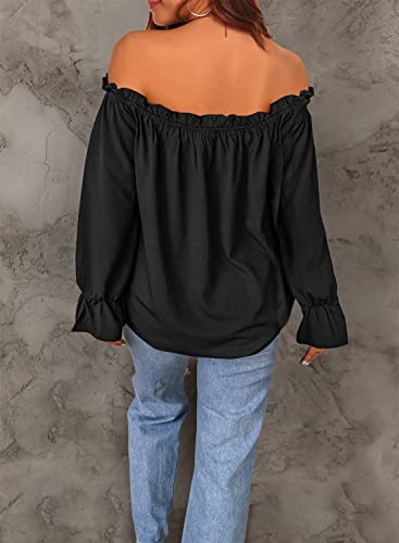 Women's Off Shoulder Top Ruffle Long Sleeve Chiffon Blouse Casual Loose Shirts4