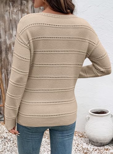 Image of SHEWIN Women's Sweaters Crew Neck Crochet Sweater Lightweight Knit Long Sleeve Tops Shirts Loose Fit Spring 2026