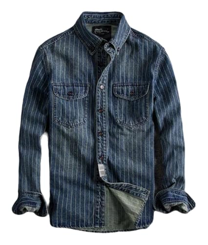 SevenBoy Mens Vintage Striped Denim Button-Down Shirt, Long Sleeve, Dual Front Pockets Casual Shirt Coat - Main Image