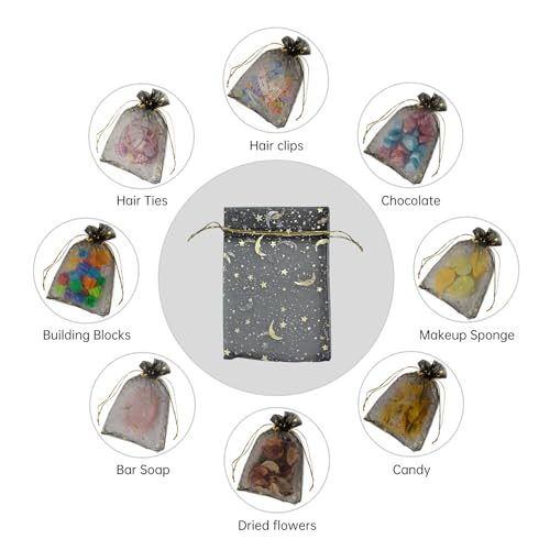 Image of YHJZ 100PCS Moon Star Organza Bags, 4x6 inches (10x15cm) Small Mesh Bags Drawstring, Jewelry Gift Pouches for Wedding, Party, Festival, Makeup Organza Favor Bags (Black)
