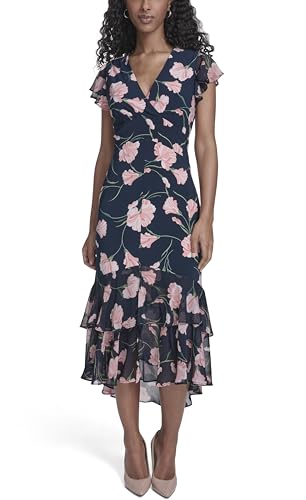 Image of Tommy Hilfiger Women's Flutter Sleeve V-Neck Ruffle Trim Hi-Lo Midi Dress