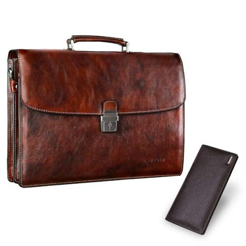 Banuce Vintage Italian Leather Briefcase for Men 15.6 Inch Laptop Lawyer Bag + Leather Long Bifold Wallet for Men Dark Brown