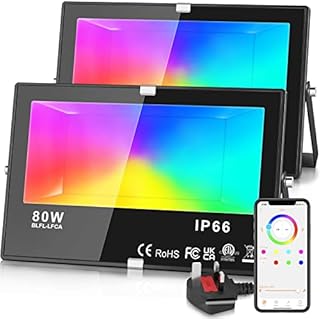 Teselife LED Floodlight Outdoor, 80W 2pack Smart RGB Floodlight with APP Control, IP66 Waterproof, Colour Changing, Timing, 2700K Warm White, Scene, Flood Light for Garden Lighting, UK 3-Plug