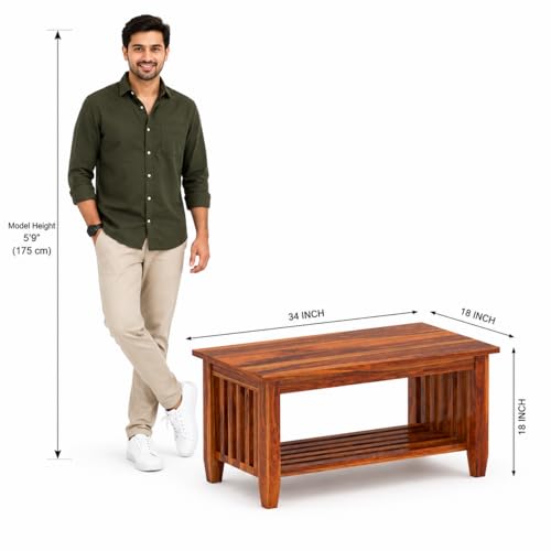 Image of SHYAM ART & CRAFT Solid Sheesham Wood Center Coffee Table with Storage | Wooden Centre Table for Living Room, Drawing Room & Office | Honey Finish