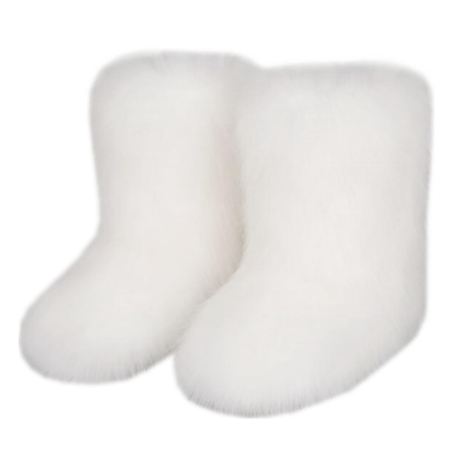 QMFUR Women's Furry Faux Fur Boots Fuzzy Fluffy Mid Calf Snow Boots Suede Warm Fur Lined Booties Flat Fashion Boots