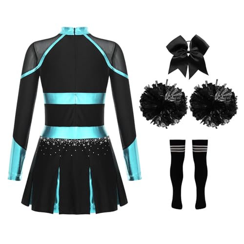 Linjinx Kids Girls Cheer Leader Costume Halloween Cheerleading Long Sleeve Crop Top Skirt And Pom Poms Stocking Hair Tie Blue Green&Black A 8 Years thumb #1