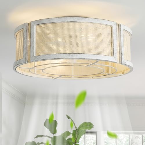 YMKSKJ 20" Rattan Boho Ceiling Fan with Light, Flush Mount Ceiling Fan with Light Remote Control, Caged Enclosed with 6 Speeds for Bedroom, Living Room, Foyer, Nursery
