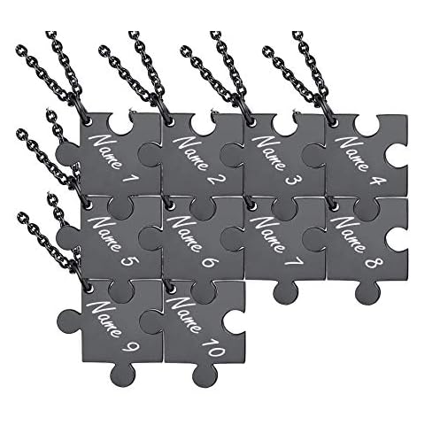 MZZJ Personalized 10 Puzzle Piece BFF Friendship Necklace Set Black Stainless Steel Pendant Neckalce Set for Best Friend Sisters,Custom Name Initial Monogram Neckalce,Bridesmaid Jewelry,Style C Cover