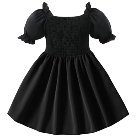 Neutocd Toddler Baby Girl Dress Ruffle Short Sleeve Solid Elastic Square Neck Flared Plain Casual Summer Dresses for Girls Cover