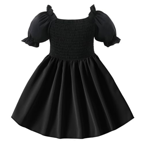 Neutocd Toddler Baby Girl Dress Ruffle Short Sleeve Elastic Solid Square Neck Flared Plain Casual Summer Dresses for Girls