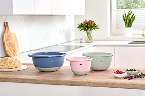 Foto von Emsa Prep&Bake 3-teiliges Rührschüssel-Set aus Kunststoff, 1,4 + 2,8 + 4,7 Liter, Rutschfester Boden, Stapelbar, mit praktischem Griffrand, K324S334, Rosa/Grün/Blau